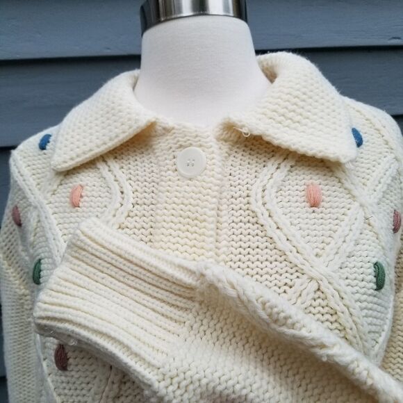 Vintage 70s Pastel Dots Cream Acrylic Fisherman Button Down Cardigan Sweater Lg - Picture 7 of 9